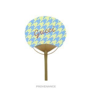 🔴 Gucci Logo Bamboo Hand Fan - Houndstooth Yellow Blue